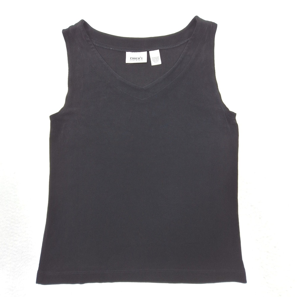 Chicos Travelers Tank Top Womens Medium Black V-Neck Slinky‎ Stretch Layering